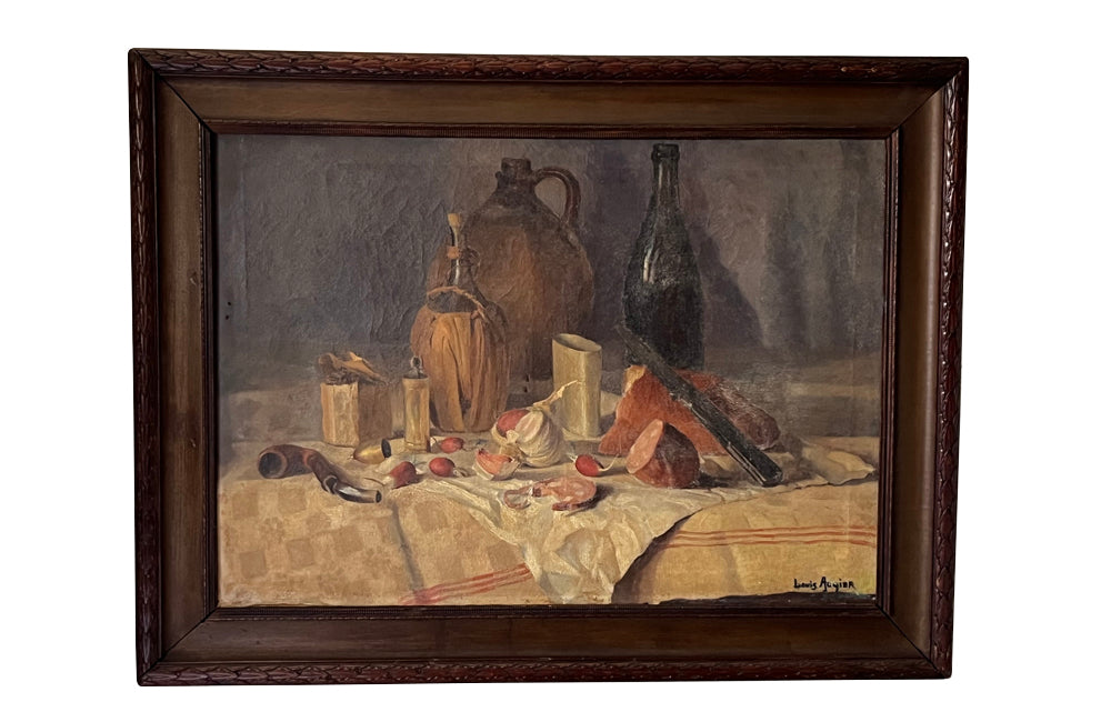 Antique oil painting 19th Century French of wine, a pottery jug a pipe tobacco garlic, radishes, bread and a sausage unwrapped in its paper.