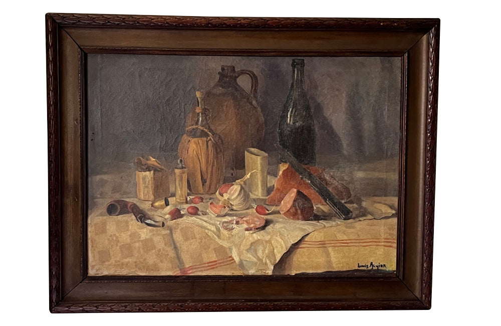 Antique oil painting 19th Century French of wine, a pottery jug a pipe tobacco garlic, radishes, bread and a sausage unwrapped in its paper.
