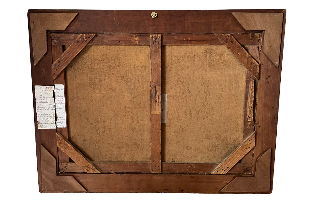 Antique oil painting 19th Century French of wine, a pottery jug a pipe tobacco garlic, radishes, bread and a sausage unwrapped in its paper.