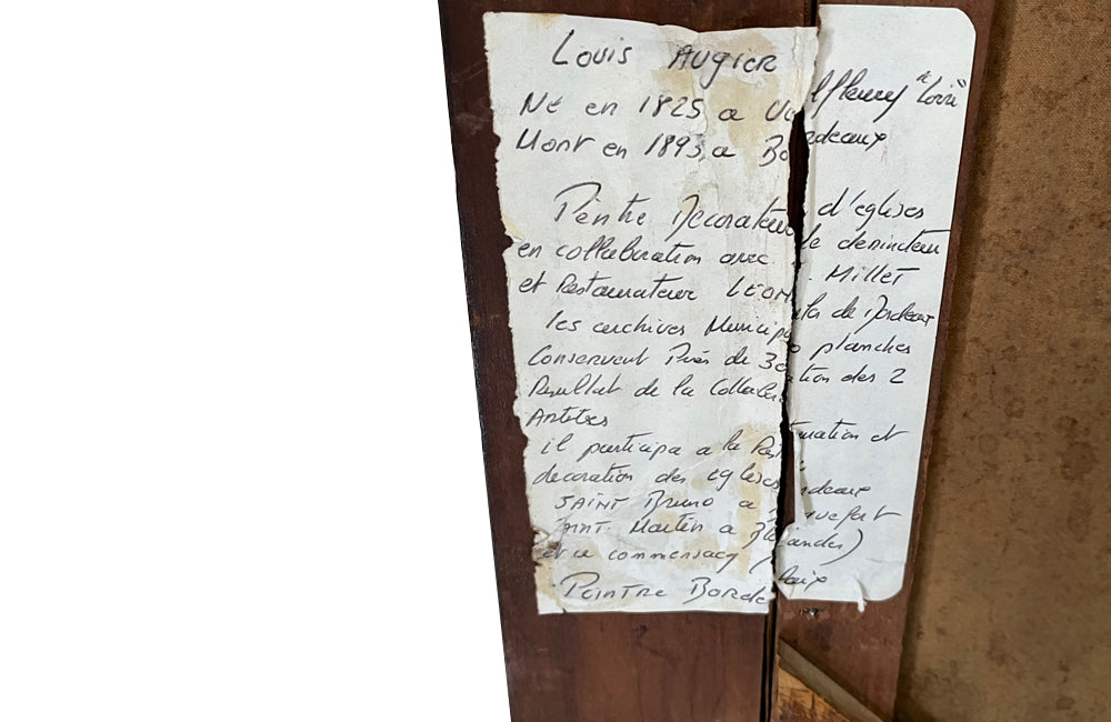 Antique oil painting 19th Century French of wine, a pottery jug a pipe tobacco garlic, radishes, bread and a sausage unwrapped in its paper.