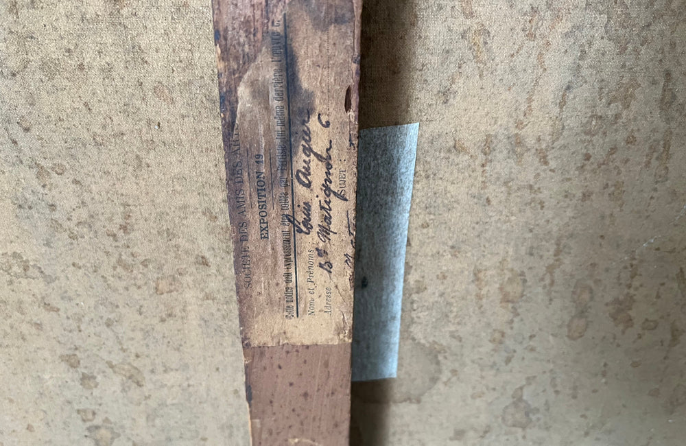 Antique oil painting 19th Century French of wine, a pottery jug a pipe tobacco garlic, radishes, bread and a sausage unwrapped in its paper.