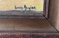 Antique oil painting 19th Century French of wine, a pottery jug a pipe tobacco garlic, radishes, bread and a sausage unwrapped in its paper.