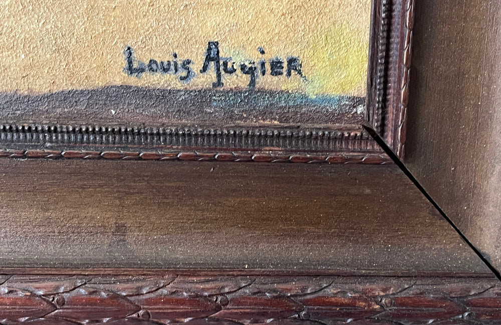 Antique oil painting 19th Century French of wine, a pottery jug a pipe tobacco garlic, radishes, bread and a sausage unwrapped in its paper.