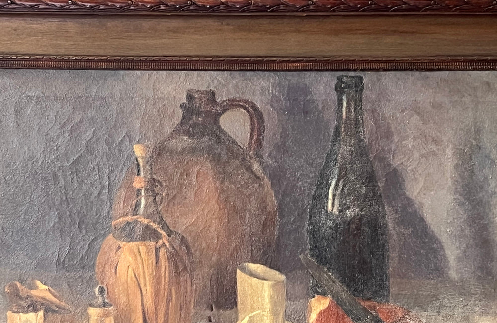 Antique oil painting 19th Century French of wine, a pottery jug a pipe tobacco garlic, radishes, bread and a sausage unwrapped in its paper.