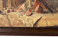 Antique oil painting 19th Century French of wine, a pottery jug a pipe tobacco garlic, radishes, bread and a sausage unwrapped in its paper.