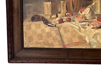 Antique oil painting 19th Century French of wine, a pottery jug a pipe tobacco garlic, radishes, bread and a sausage unwrapped in its paper.
