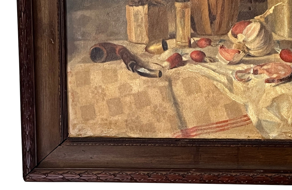 Antique oil painting 19th Century French of wine, a pottery jug a pipe tobacco garlic, radishes, bread and a sausage unwrapped in its paper.