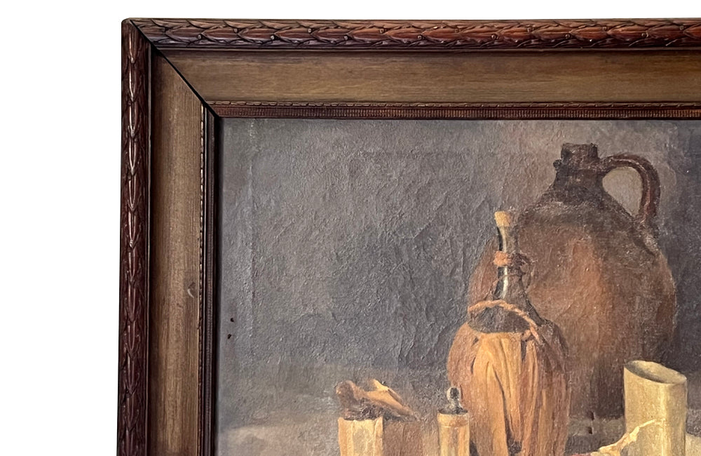 Antique oil painting 19th Century French of wine, a pottery jug a pipe tobacco garlic, radishes, bread and a sausage unwrapped in its paper.