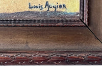 Antique oil painting 19th Century French of wine, a pottery jug a pipe tobacco garlic, radishes, bread and a sausage unwrapped in its paper.