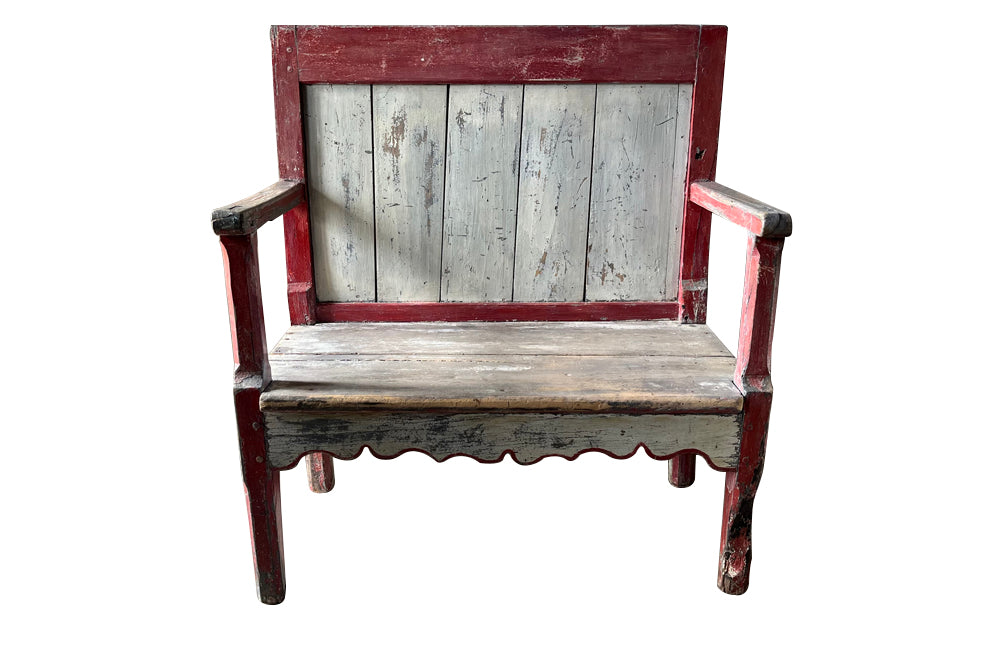 Antique painted bench French 19th Century banquette de cantou de cheminée or fireplace bench - Antique French Furniture