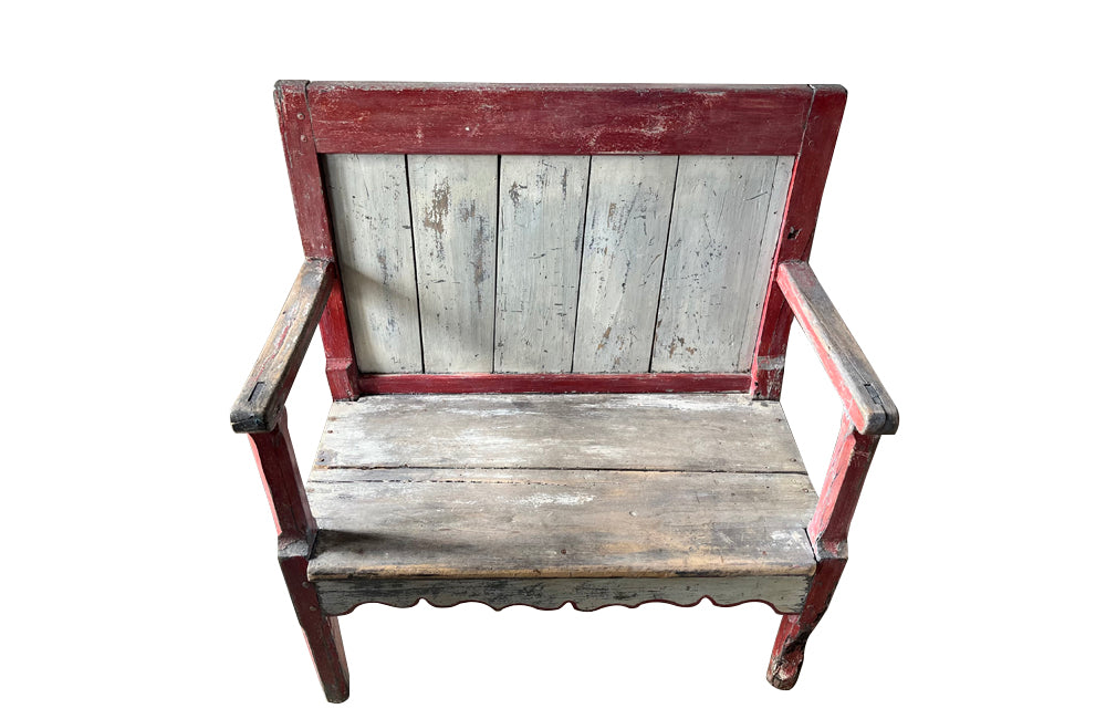 Antique painted bench French 19th Century banquette de cantou de cheminée or fireplace bench - Antique French Furniture