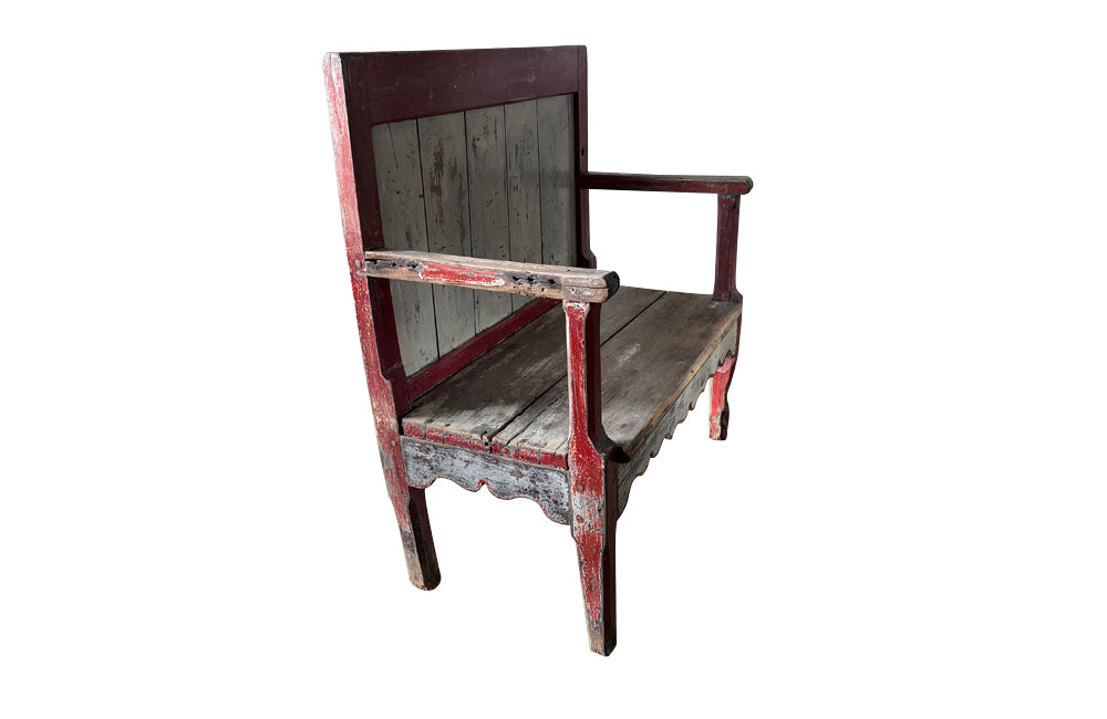 Antique painted bench French 19th Century banquette de cantou de cheminée or fireplace bench - Antique French Furniture