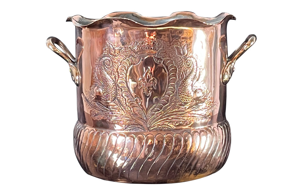 Large 19th Century French two handled copper vasque featuring a pretty fluted rim