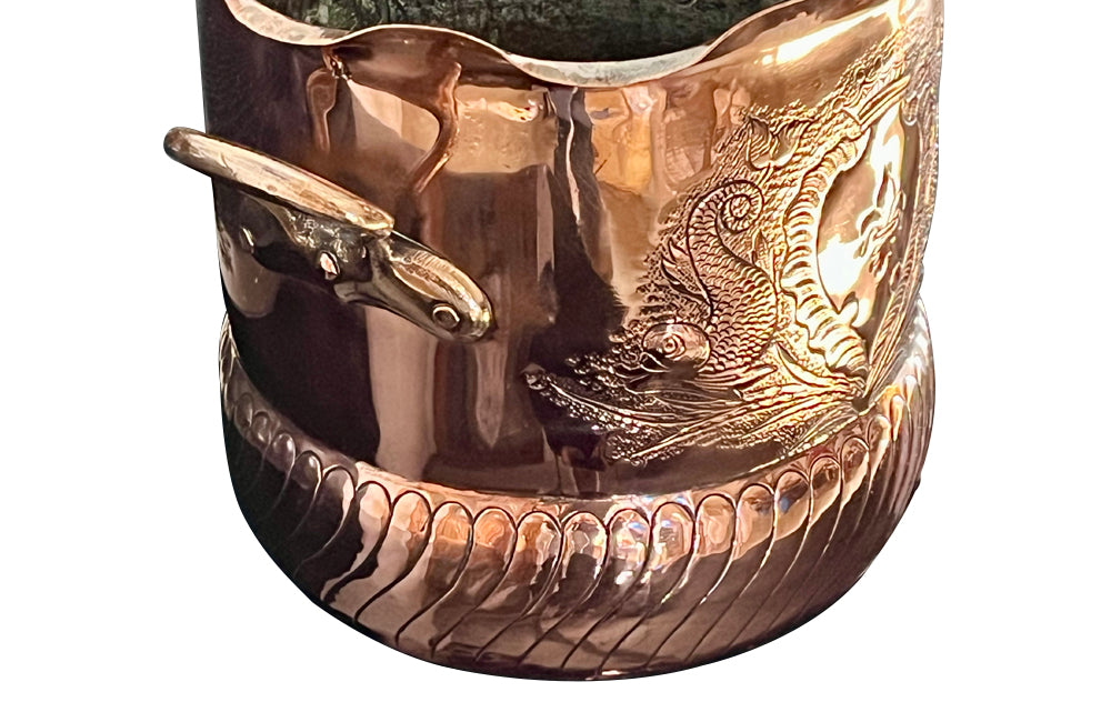 Large 19th Century French two handled copper vasque featuring a pretty fluted rim