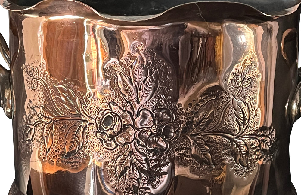 Large 19th Century French two handled copper vasque featuring a pretty fluted rim