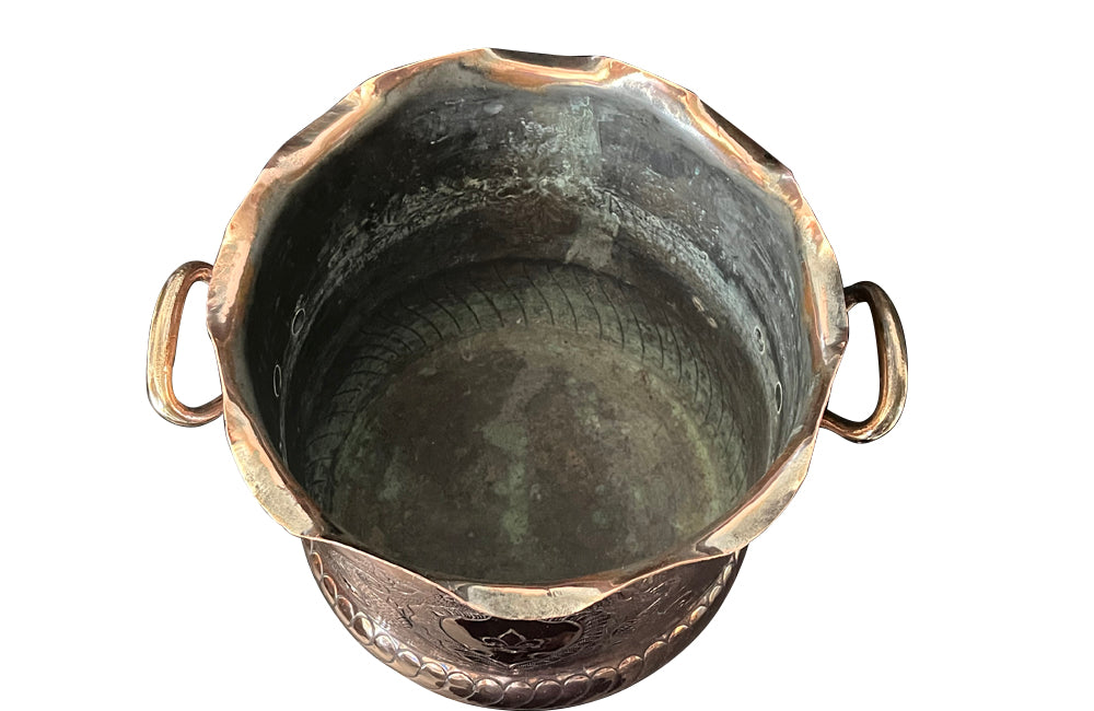Large 19th Century French two handled copper vasque featuring a pretty fluted rim