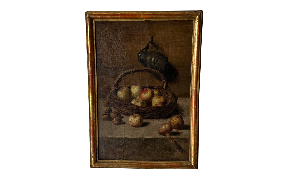 Charming late 19th Century French still life oil on wood painting in a gilt wooden frame.