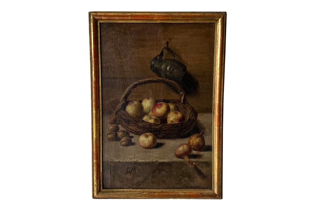 Charming late 19th Century French still life oil on wood painting in a gilt wooden frame.