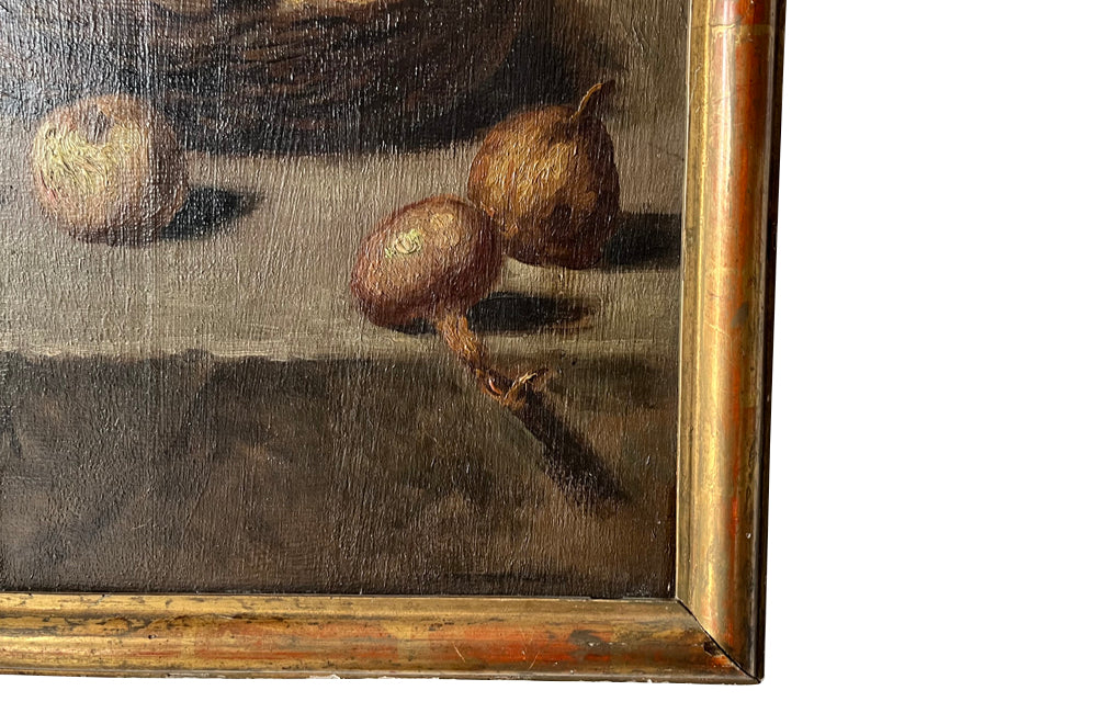 Charming late 19th Century French still life oil on wood painting in a gilt wooden frame.