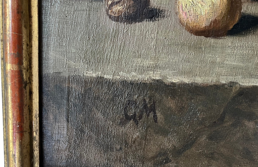 Charming late 19th Century French still life oil on wood painting in a gilt wooden frame.