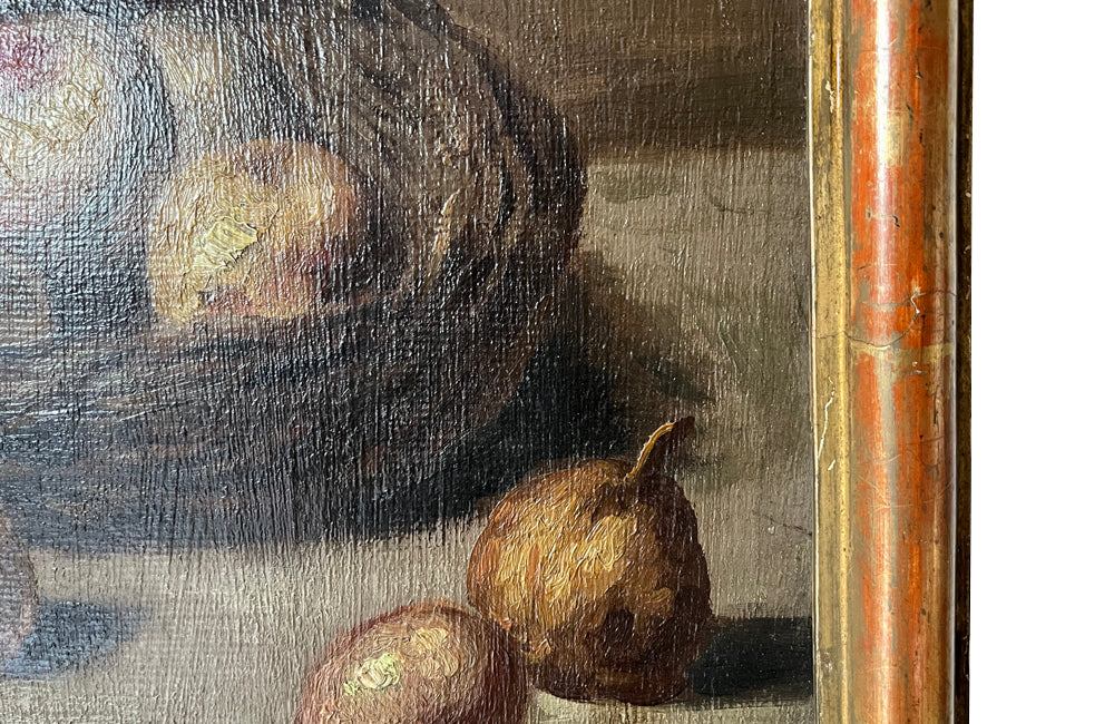 Charming late 19th Century French still life oil on wood painting in a gilt wooden frame.