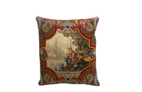 Antique cushion French tapestry cushion Depicting a fisherman in his straw hat, he sits on the banks of a river admiring his catch. To his side is a lidded basket. 19th century. French antiques.