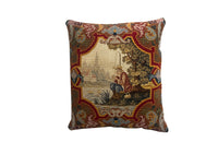Antique cushion French tapestry cushion Depicting a fisherman in his straw hat, he sits on the banks of a river admiring his catch. To his side is a lidded basket. 19th century. French antiques.