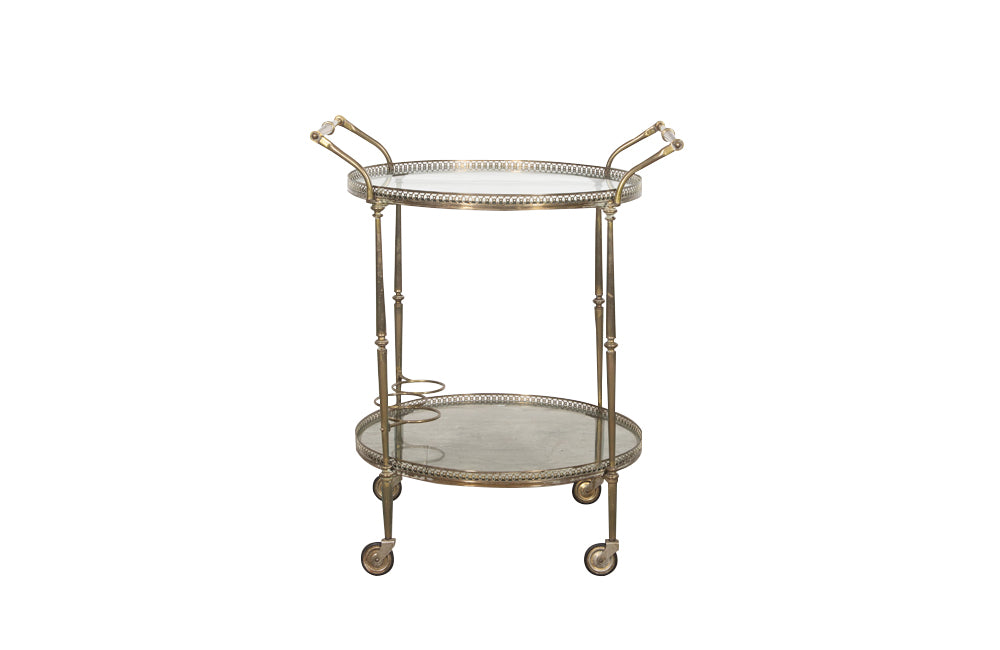Mid century French, brass & glass drinks trolley with 3 bottle holder - French Mid Century Furniture