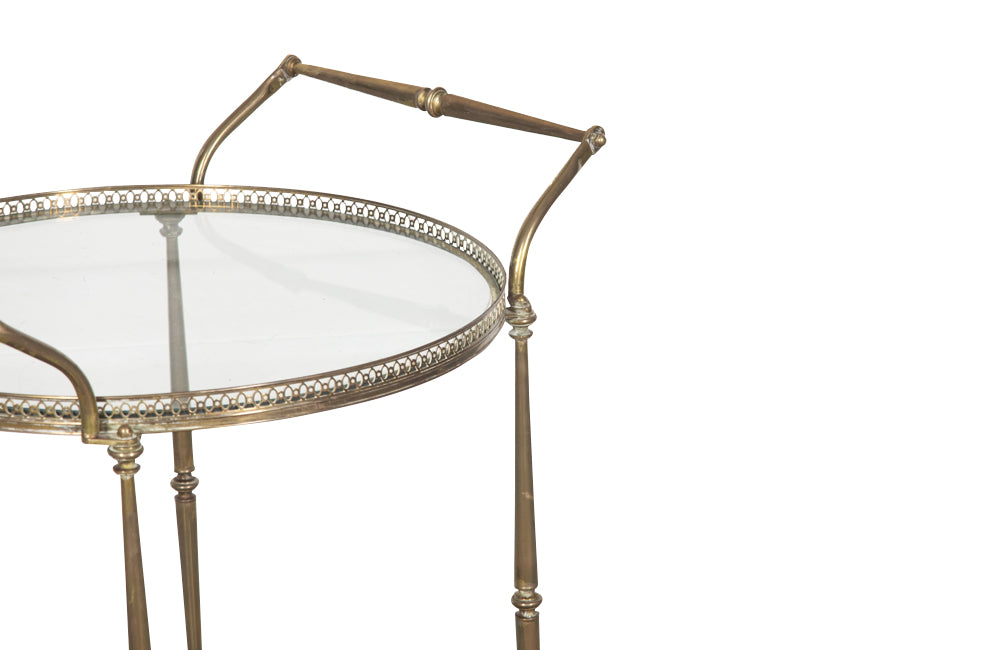 Mid century French, brass & glass drinks trolley with 3 bottle holder - French Mid Century Furniture