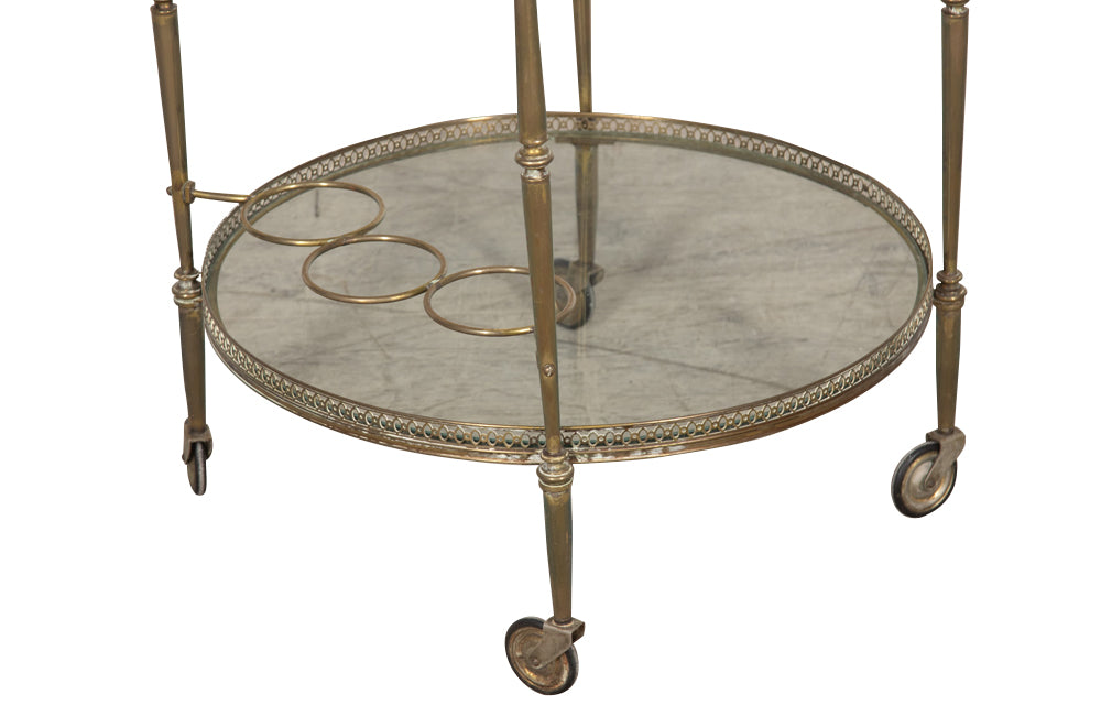 Mid century French, brass & glass drinks trolley with 3 bottle holder - French Mid Century Furniture