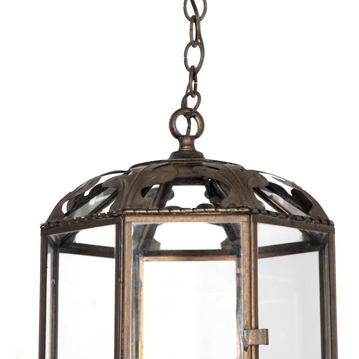 French brass hanging lantern with eight glass panels, one which opens to access the interior circa 1940 - Antique Lighting