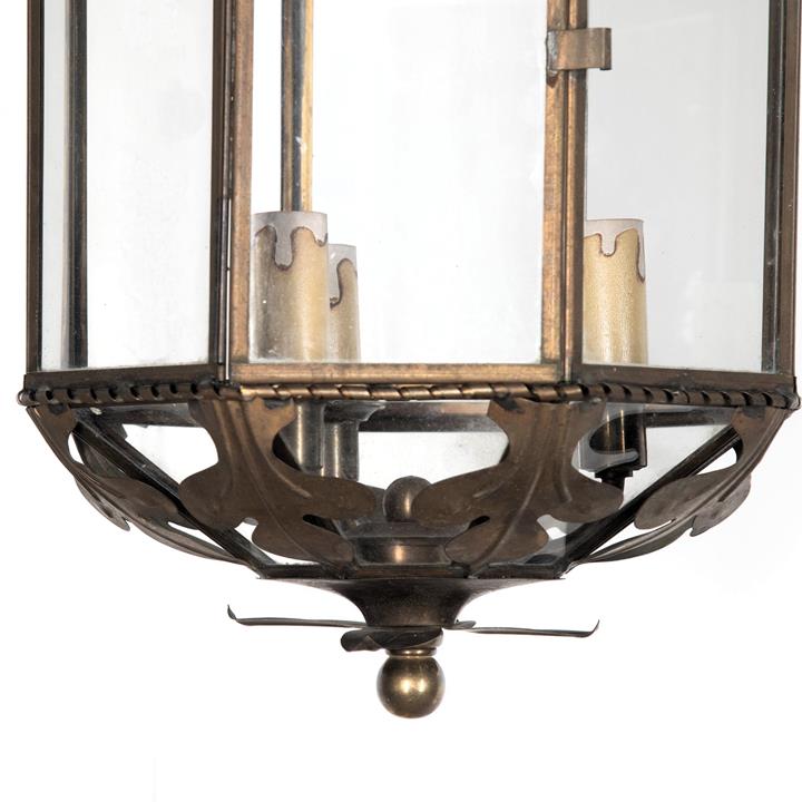 French brass hanging lantern with eight glass panels, one which opens to access the interior circa 1940 - Antique Lighting