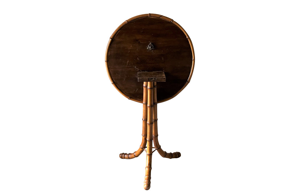 French faux bamboo , antique tilt top occasional table with tripod base