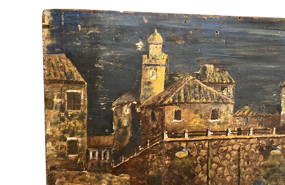 Very large, fabulous oil on panel painting of a fishing village originating from the wall of a restaurant in Nice, in the South of France.