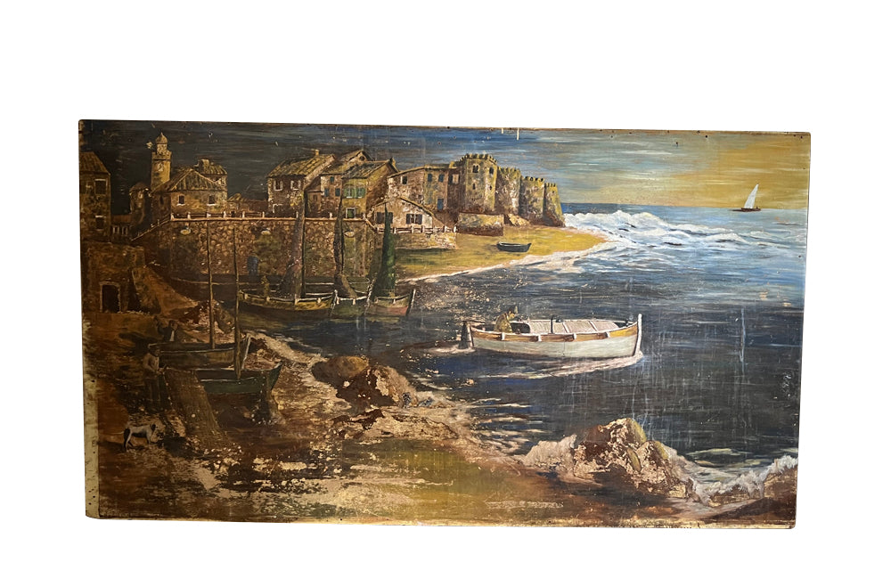Very large, fabulous oil on panel painting of a fishing village originating from the wall of a restaurant in Nice, in the South of France.