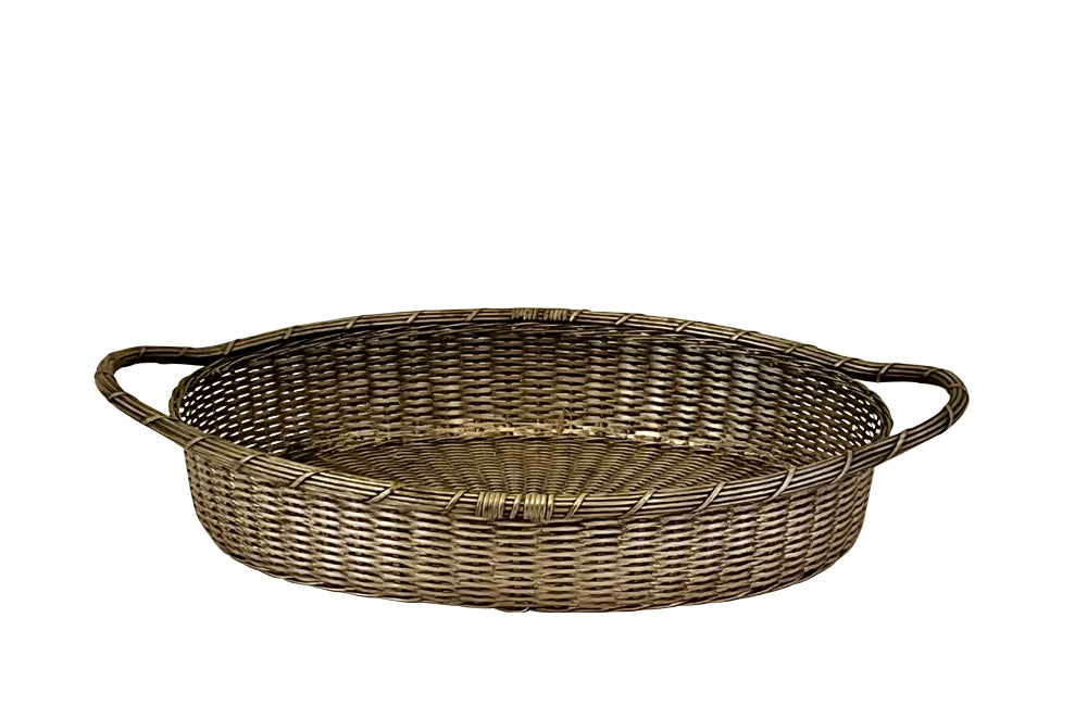 20th century oval French silver plate woven bread basket with two handles.