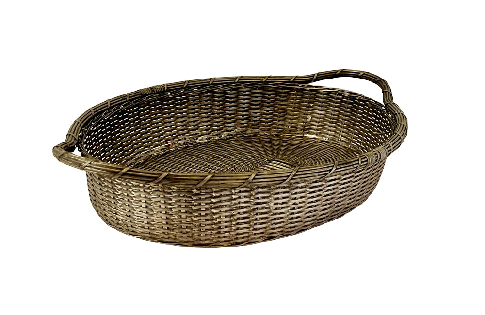 20th century oval French silver plate woven bread basket with two handles.