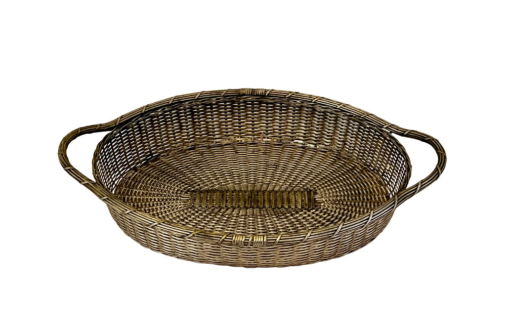 20th century oval French silver plate woven bread basket with two handles.