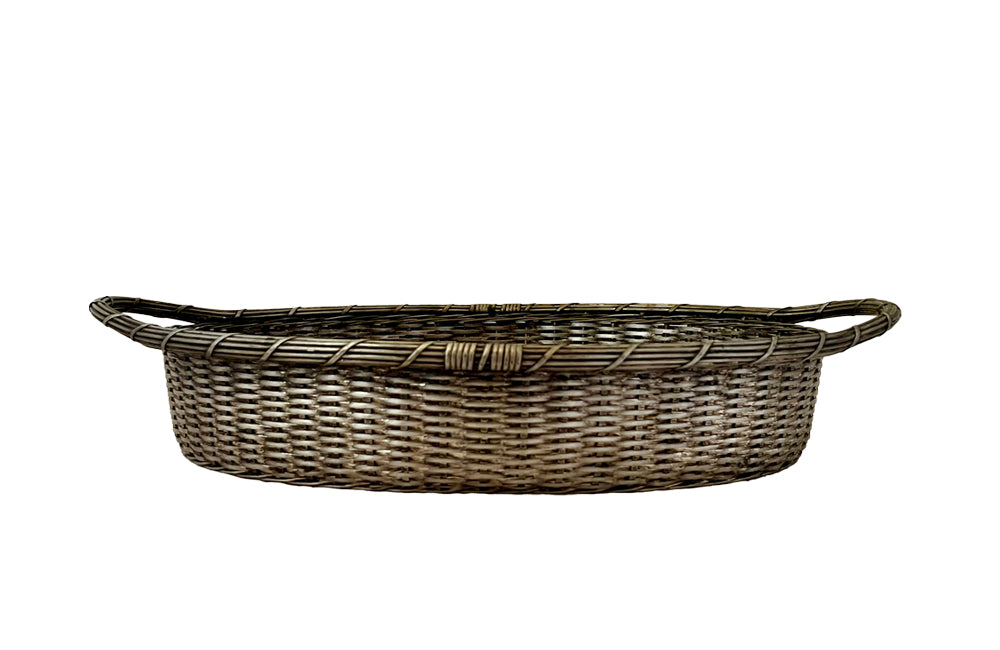 20th century oval French silver plate woven bread basket with two handles.