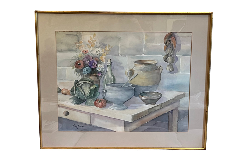 Large 20th Century still life watercolour of a a kitchen table with confit pots, flowers, tureen, bowl and vegetables - Vintage paintings