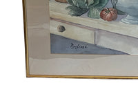 Large 20th Century still life watercolour of a a kitchen table with confit pots, flowers, tureen, bowl and vegetables - Vintage paintings