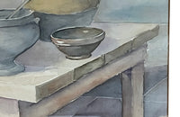 Large 20th Century still life watercolour of a a kitchen table with confit pots, flowers, tureen, bowl and vegetables - Vintage paintings