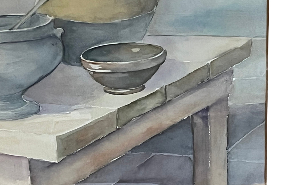 Large 20th Century still life watercolour of a a kitchen table with confit pots, flowers, tureen, bowl and vegetables - Vintage paintings