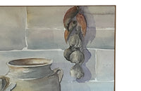 Large 20th Century still life watercolour of a a kitchen table with confit pots, flowers, tureen, bowl and vegetables - Vintage paintings