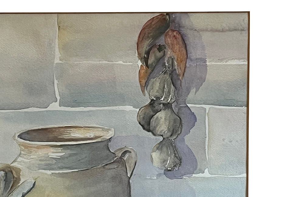 Large 20th Century still life watercolour of a a kitchen table with confit pots, flowers, tureen, bowl and vegetables - Vintage paintings