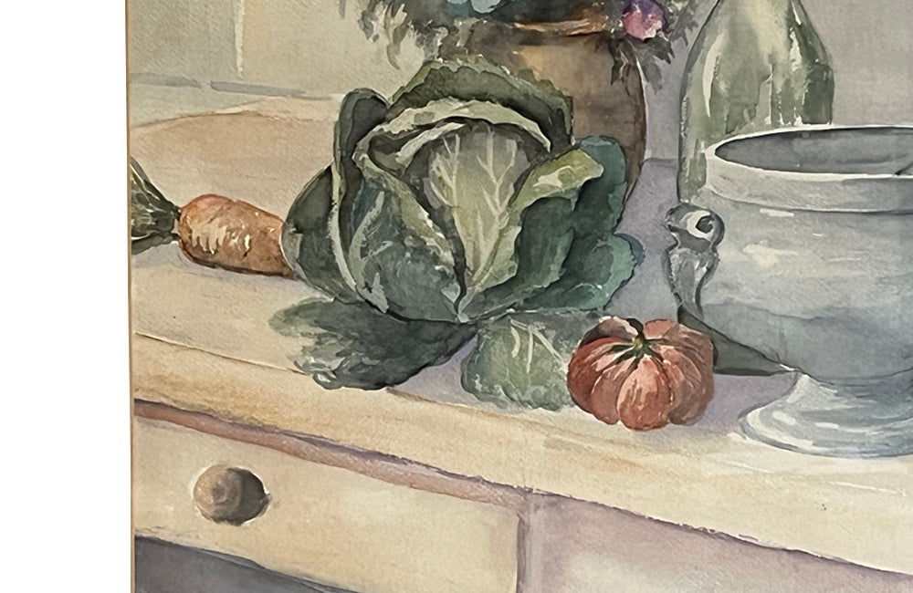 Large 20th Century still life watercolour of a a kitchen table with confit pots, flowers, tureen, bowl and vegetables - Vintage paintings