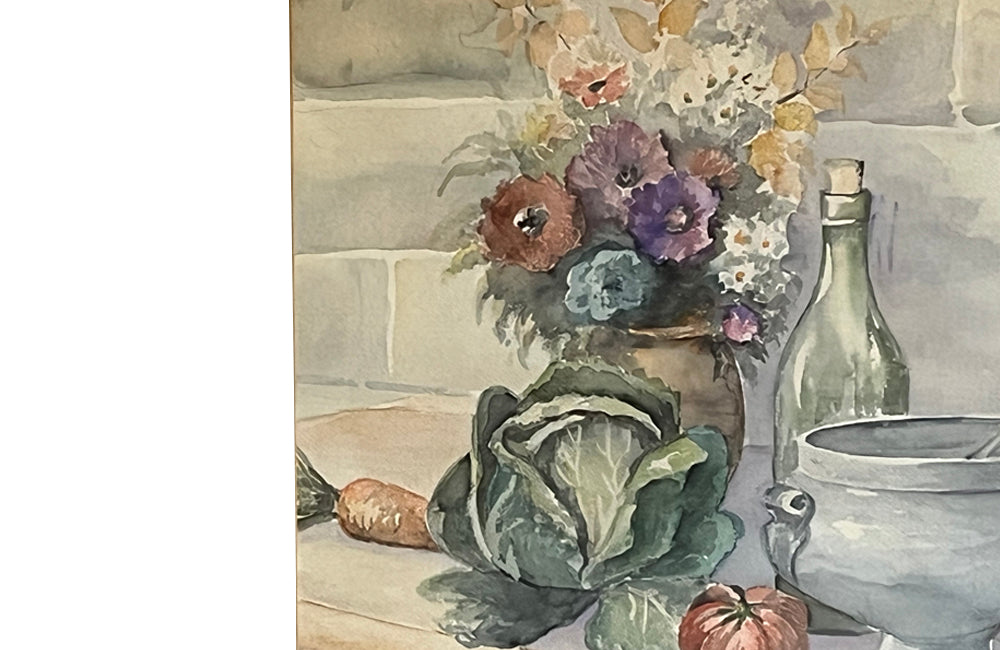 Large 20th Century still life watercolour of a a kitchen table with confit pots, flowers, tureen, bowl and vegetables - Vintage paintings
