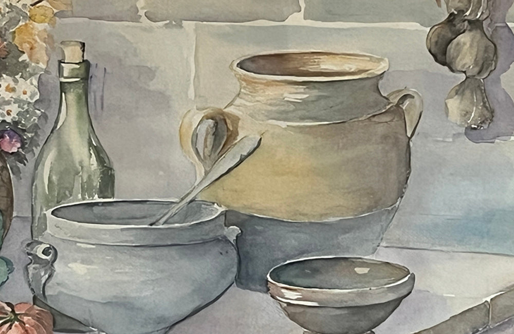 Large 20th Century still life watercolour of a a kitchen table with confit pots, flowers, tureen, bowl and vegetables - Vintage paintings