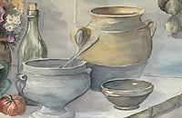Large 20th Century still life watercolour of a a kitchen table with confit pots, flowers, tureen, bowl and vegetables - Vintage paintings