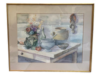 Large 20th Century still life watercolour of a a kitchen table with confit pots, flowers, tureen, bowl and vegetables - Vintage paintings